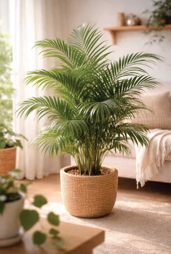 Cat-safe alternative to sago palm: areca palm growing indoors in a bright living room