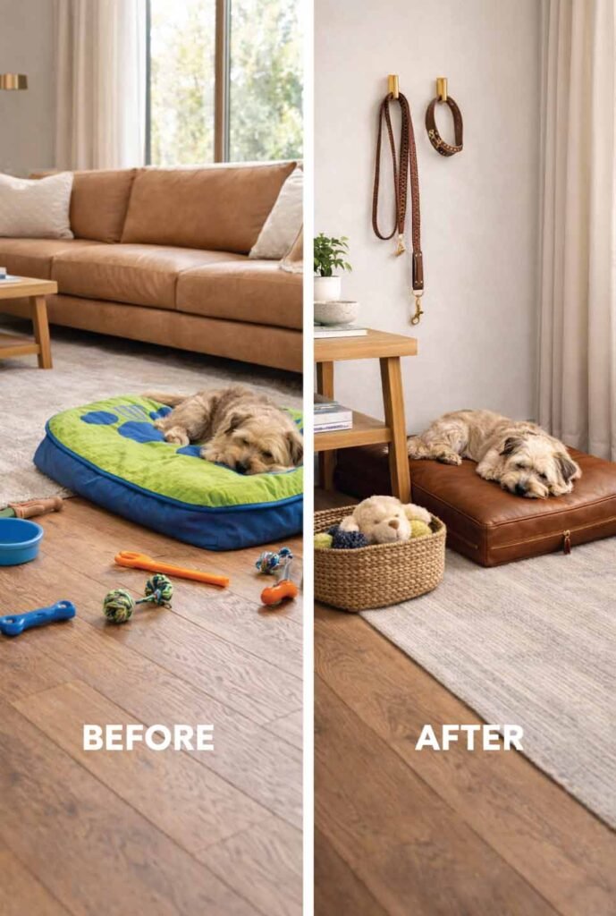 Before and after transformation of living room from cluttered pet space to stylish pet-friendly designer interior