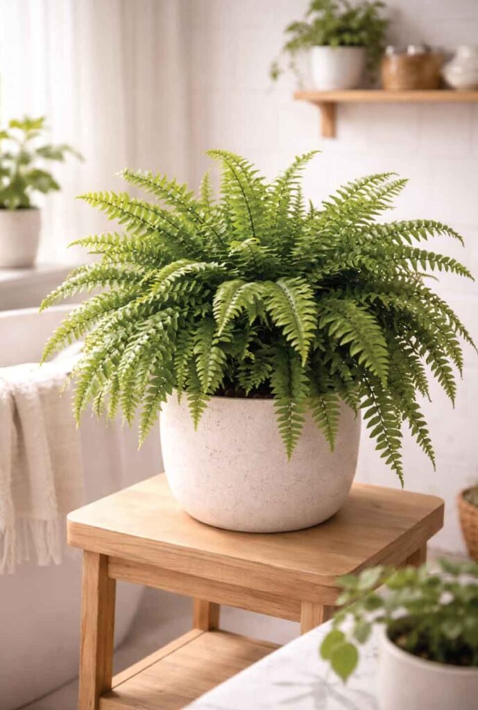 Cat-safe alternative to peace lily: Boston fern with lush green fronds indoors
