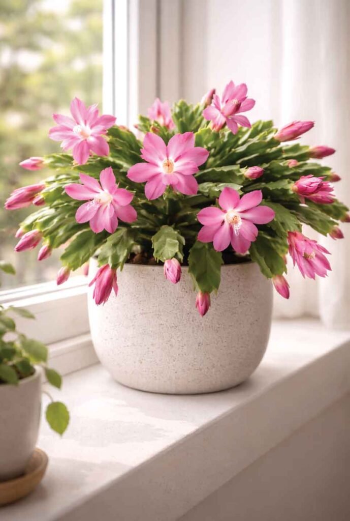 Cat-safe alternative to jade plant: Christmas cactus blooming indoors
