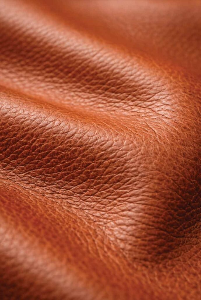 Close-up detail of high-quality Italian leather showing rich texture and natural grain used in premium dog beds