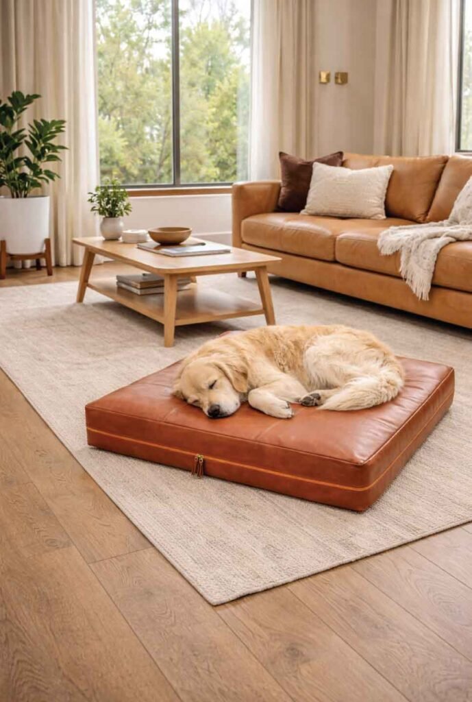 Neutral color palette living room with coordinated leather dog bed matching furniture in warm tan and cream tones