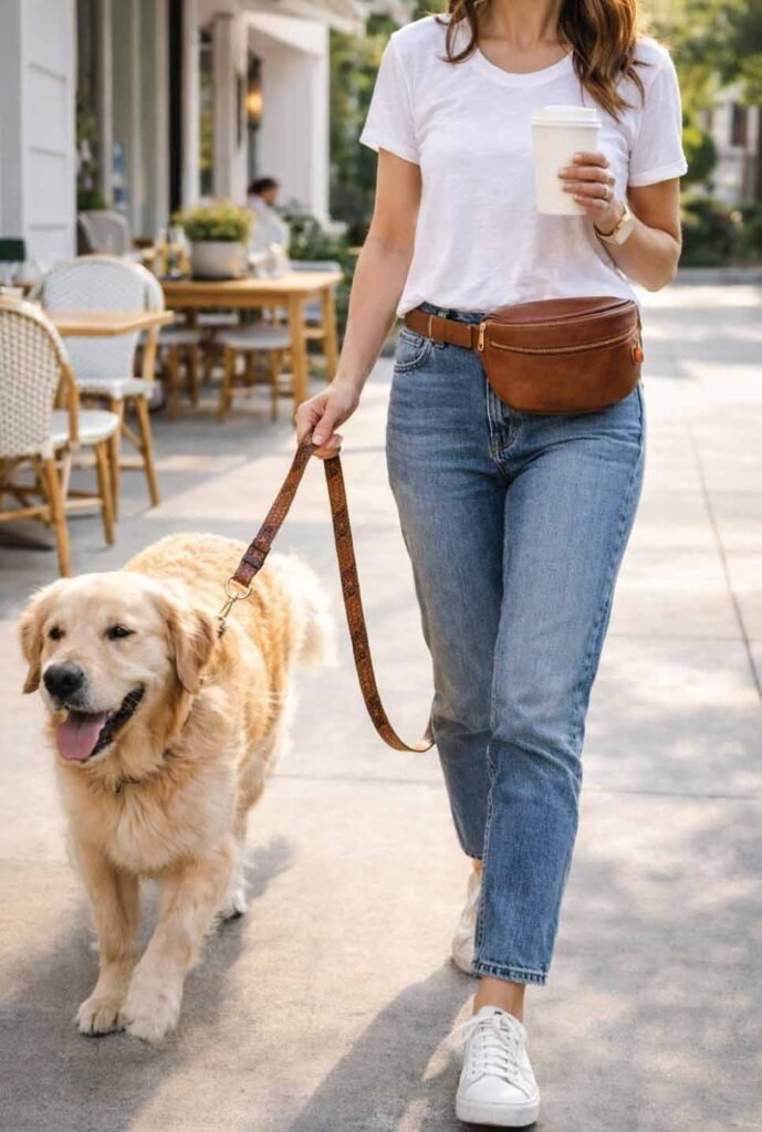 Woman walking dog with stylish leather leash and fanny pack from home to coffee shop embodying active lifestyle