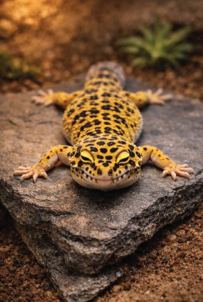 Leopard gecko splooting behavior showing relaxation and comfort in proper habitat