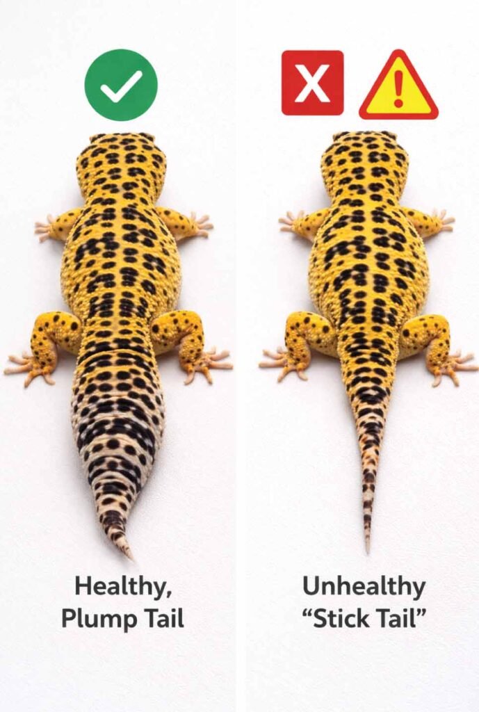 Healthy leopard gecko tail vs stick tail disease comparison for early detection
