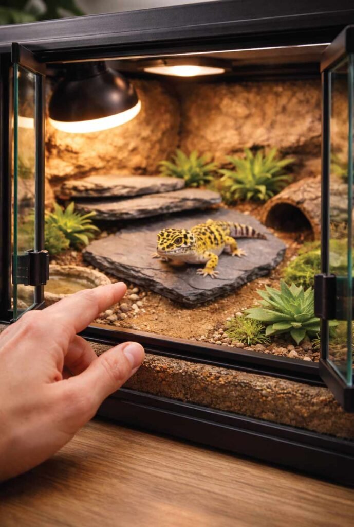 Front-opening leopard gecko terrarium reducing stress during handling and feeding