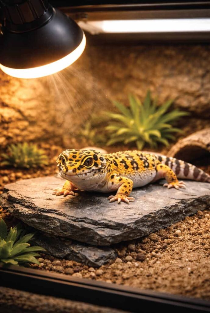 Leopard gecko basking under proper halogen heat lamp and UVB lighting setup