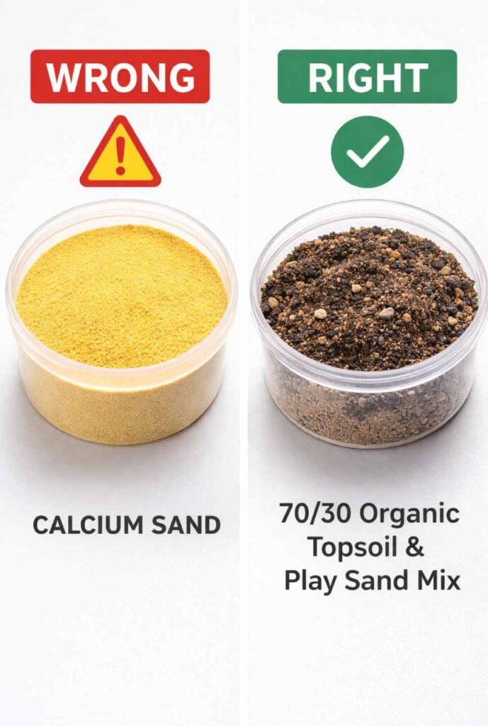 Safe vs dangerous leopard gecko substrate comparison - avoid calcium sand, use topsoil mix
