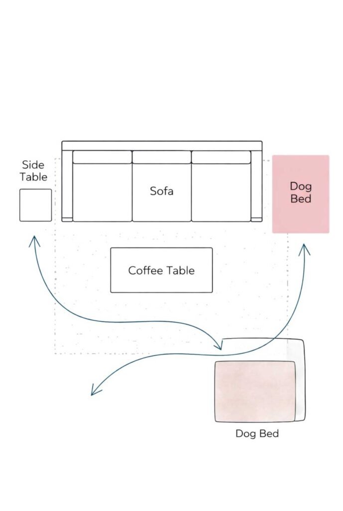Living room floor plan showing optimal placement of dog bed in low-traffic high-visibility area near sofa