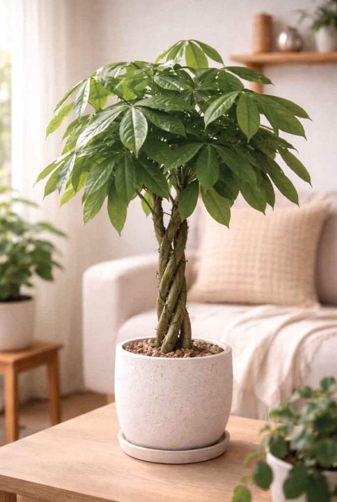 Cat-safe alternative to monstera: money tree with braided trunk indoors