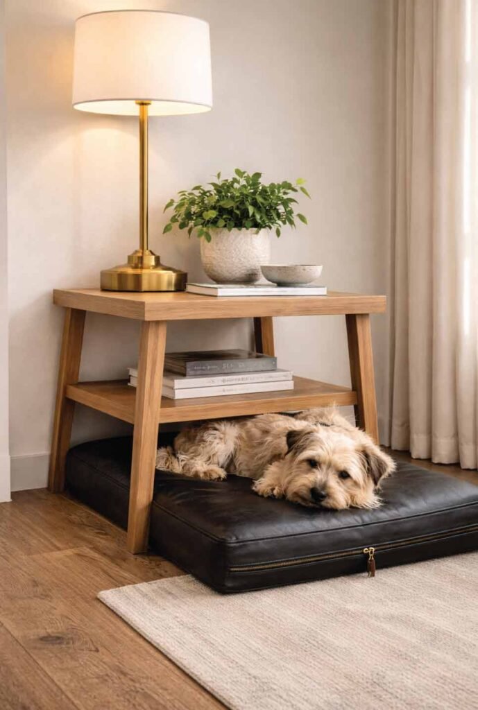 Modern living room corner with side table and leather dog bed creating intentional multi-functional zone