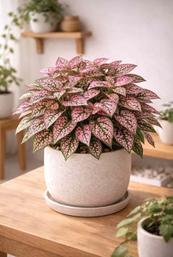 Cat-safe alternative to kalanchoe: polka dot plant with pink speckled leaves indoors