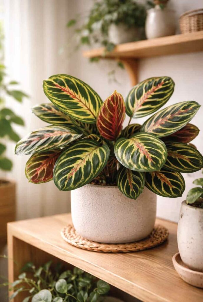 Cat-safe alternative to dieffenbachia: prayer plant with patterned leaves indoors