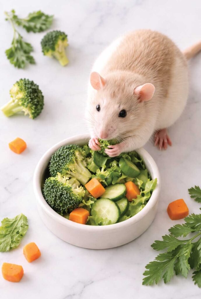 Pet rat eating fresh vegetables showing healthy diet - proper rat nutrition and feeding