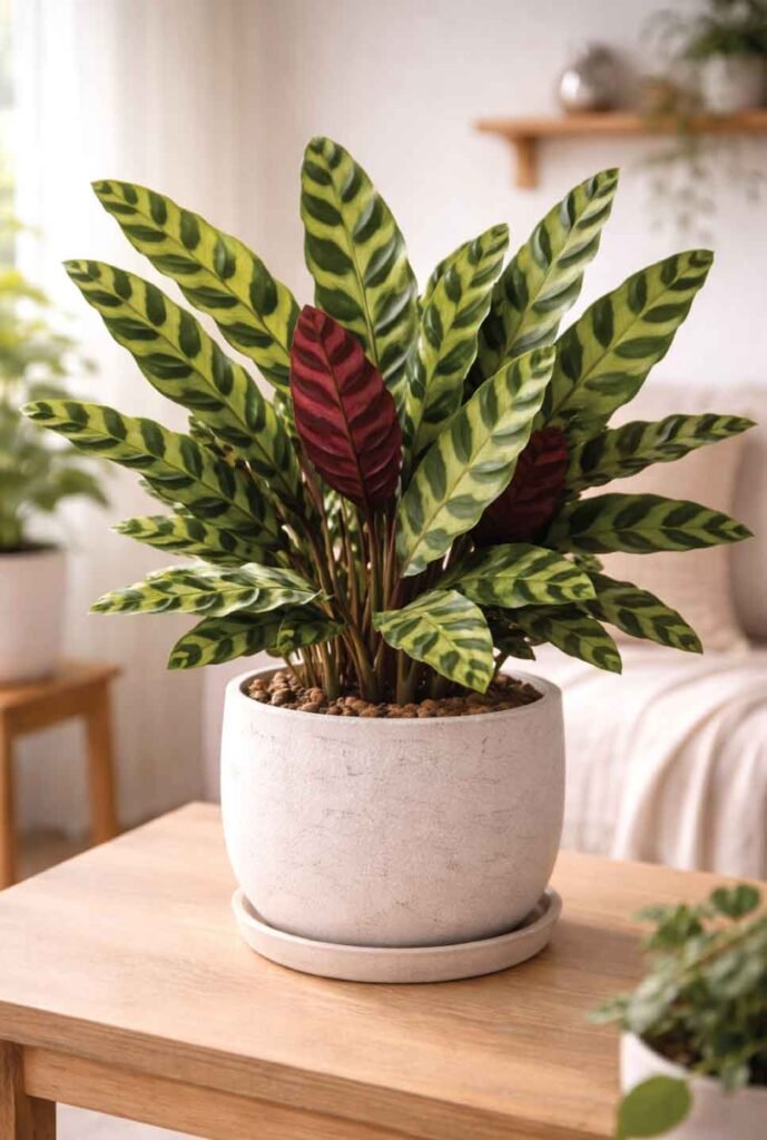 Cat-safe alternative to snake plant: rattlesnake plant with patterned upright leaves indoors