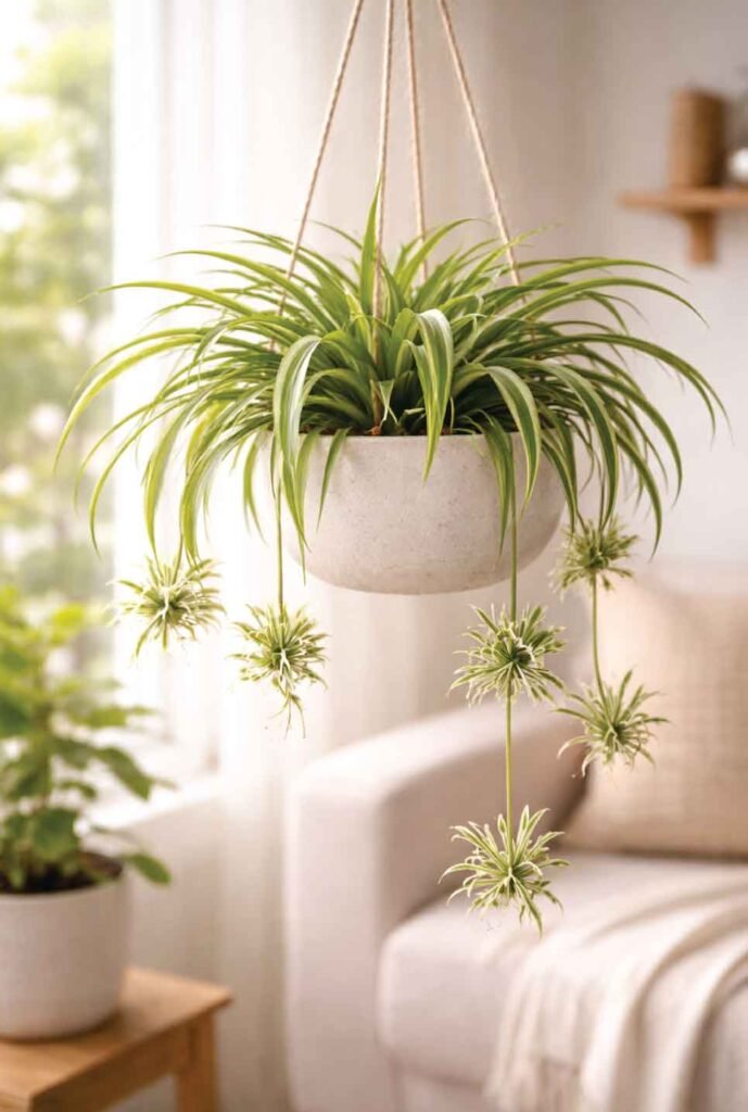 Cat-safe alternative to pothos: spider plant with arching leaves in a hanging planter