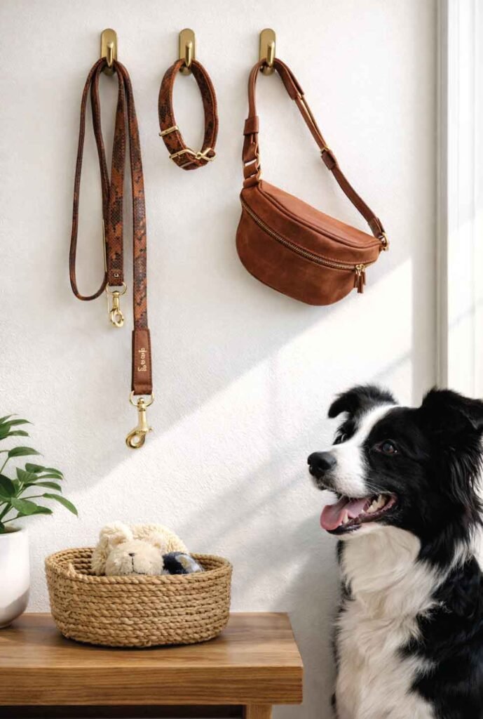 Organized entryway with leather dog leash, collar, and fanny pack hung on brass hooks creating stylish functional space