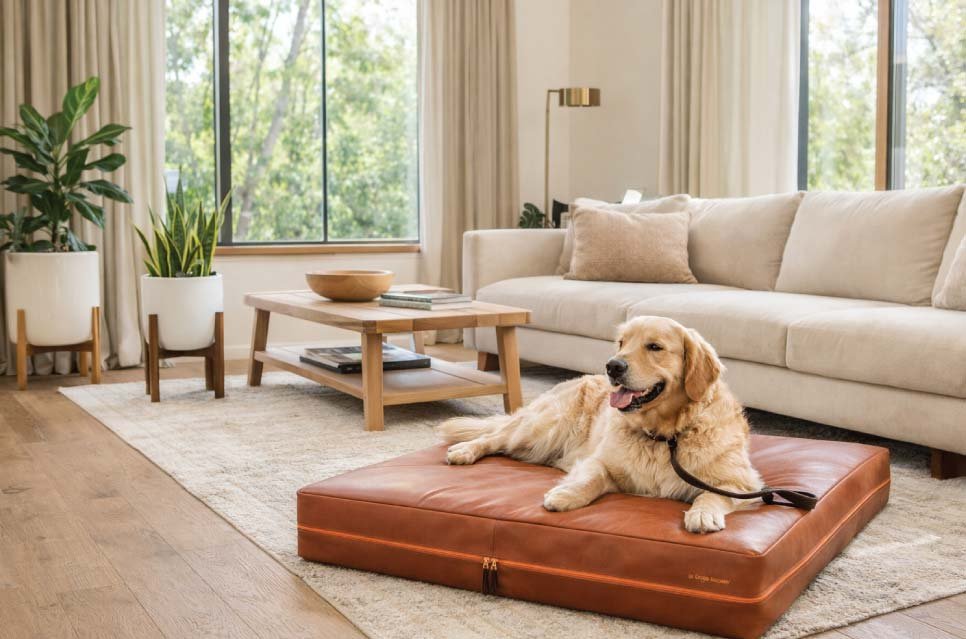 Stylish pet-friendly living room with leather dog bed, modern furniture, and warm neutral color palette