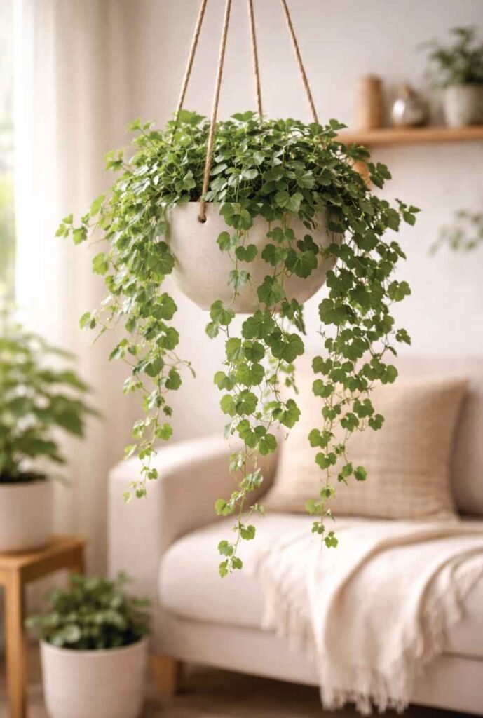 Cat-safe alternative to English ivy: Swedish ivy trailing from an indoor planter