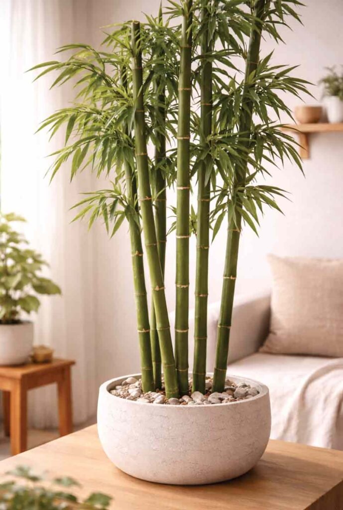 Cat-safe alternative to dracaena: true bamboo growing indoors in a minimalist home