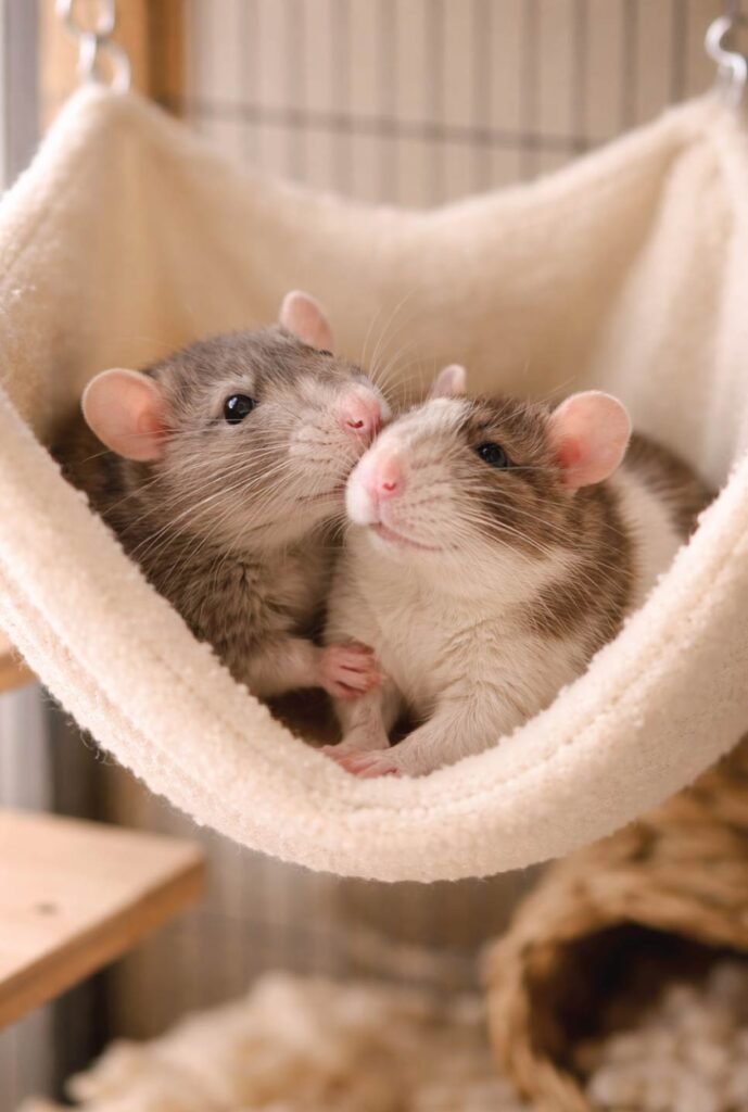Two pet rats cuddling in hammock showing social bonding - rats need companions