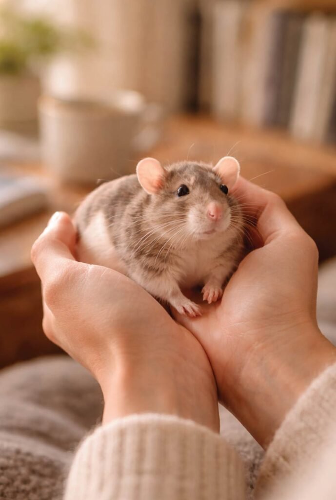 Gentle hands holding calm pet rat showing trust and bonding - rat and owner relationship