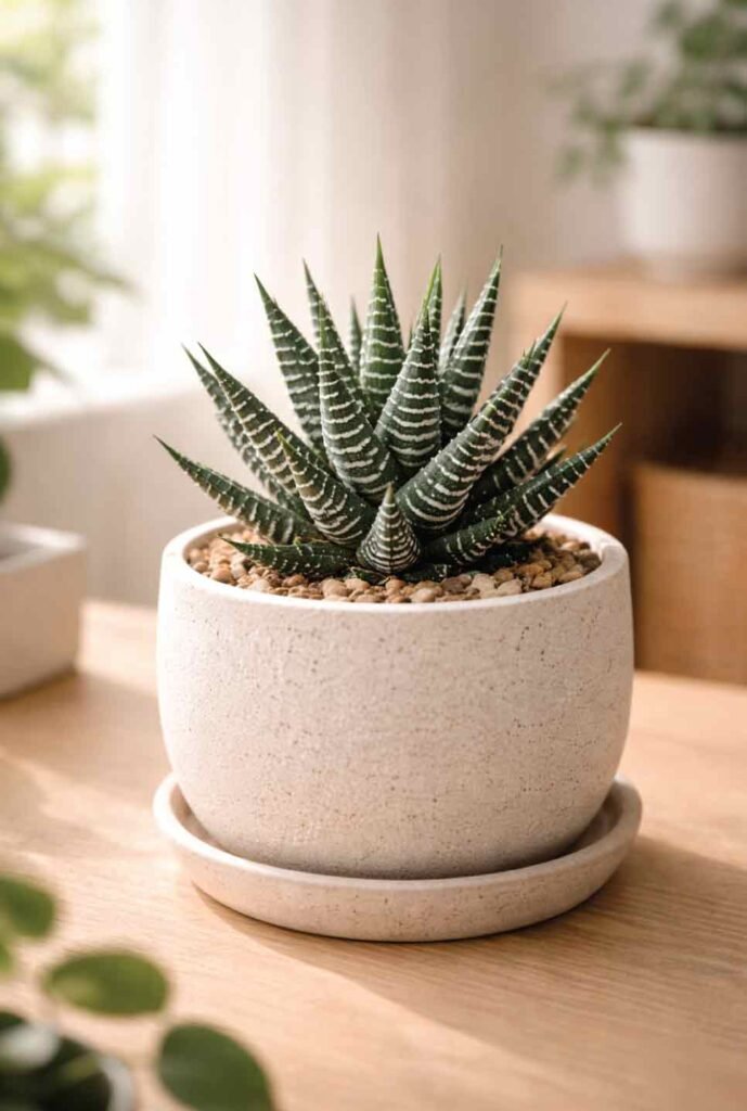 Cat-safe alternative to aloe vera: zebra haworthia succulent in a ceramic pot indoors