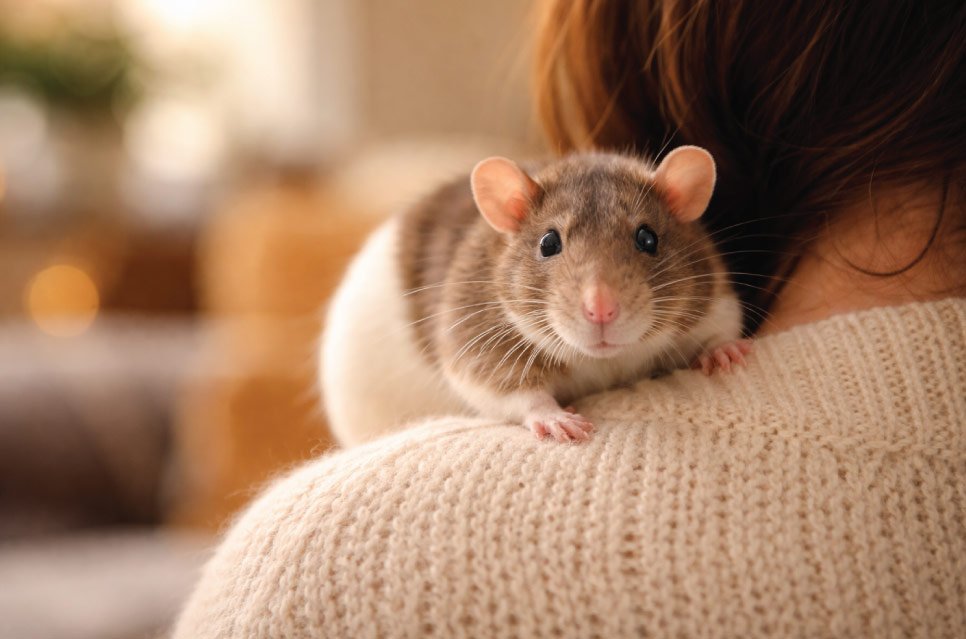 Cute pet rat sitting on owner's shoulder in cozy home setting - companion rats as affectionate pets