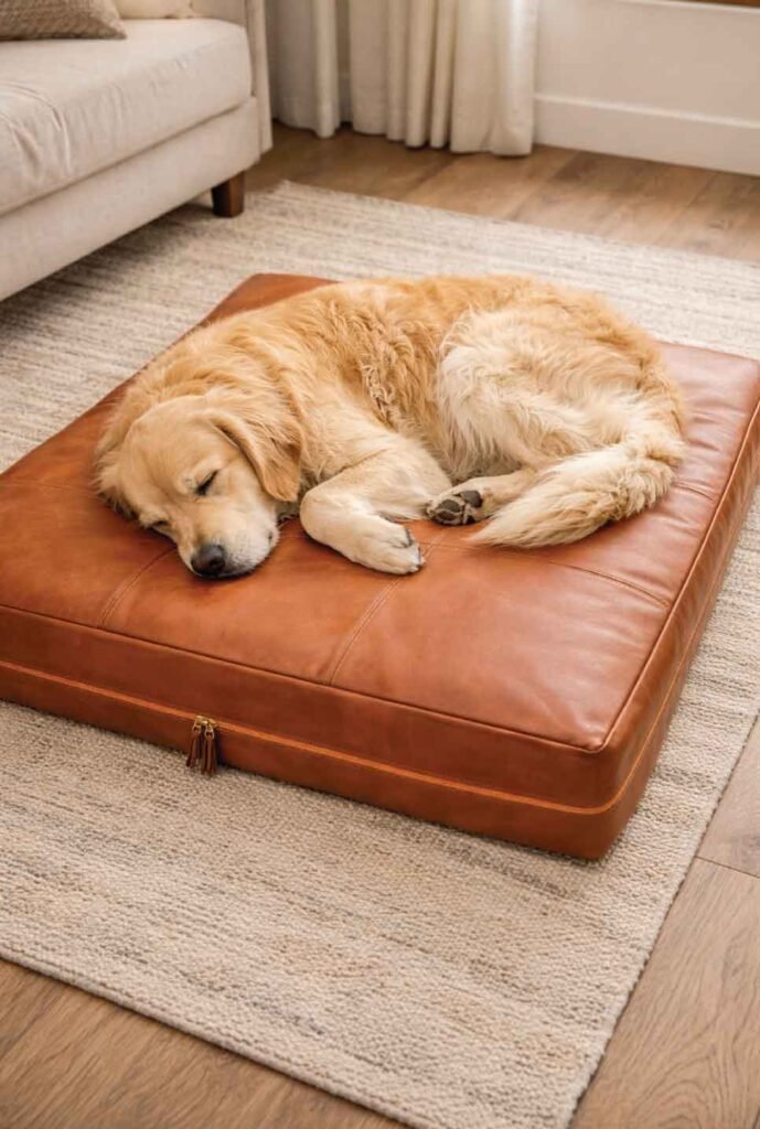 Senior dog sleeping comfortably on orthopedic leather dog bed showing proper joint support and spinal alignment