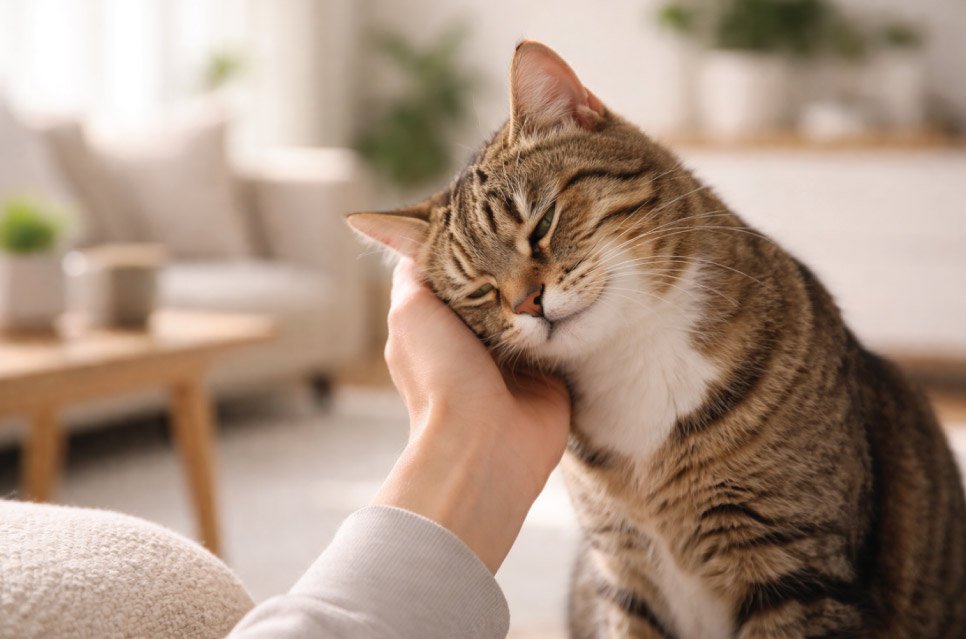 A tabby cat affectionately head-bunting a person's hand in a sunlit living room.