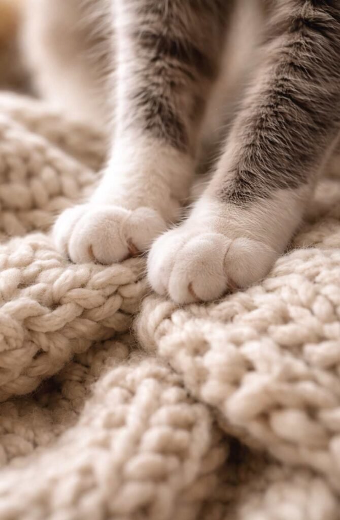 Close-up of a cat's paws kneading a soft wool blanket, a behavior called making biscuits.