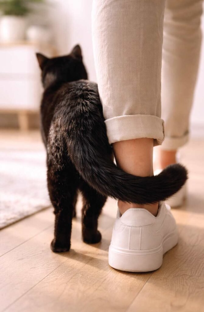 : A black cat wrapping its tail around a person's leg, a sign of a deep social bond.