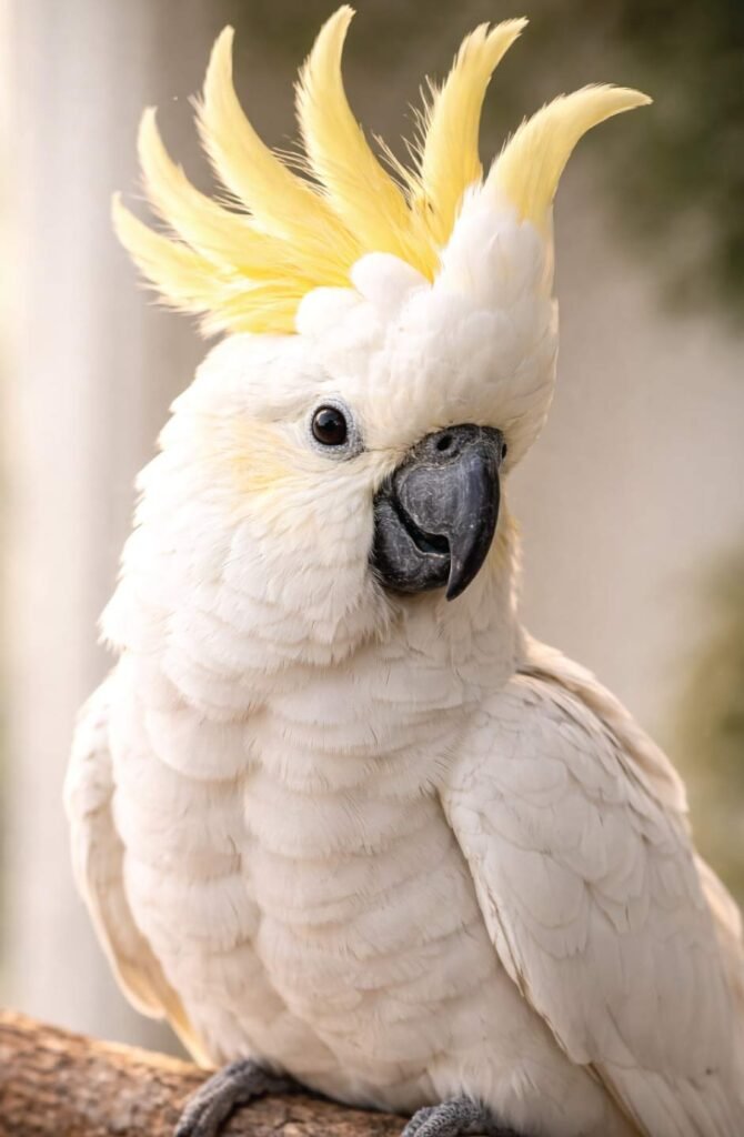 White cockatoo with fully raised crest showing excitement and high alert body language