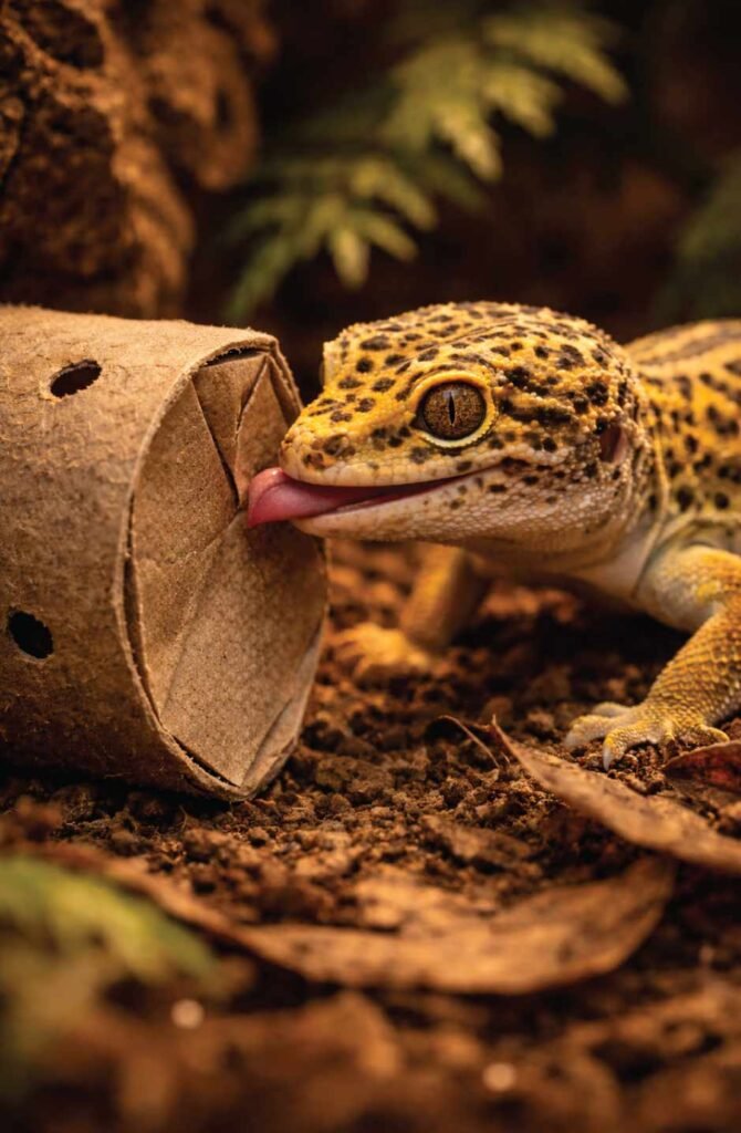 A leopard gecko investigating a DIY cardboard tube insect puzzle box on a leaf-litter terrarium floor.