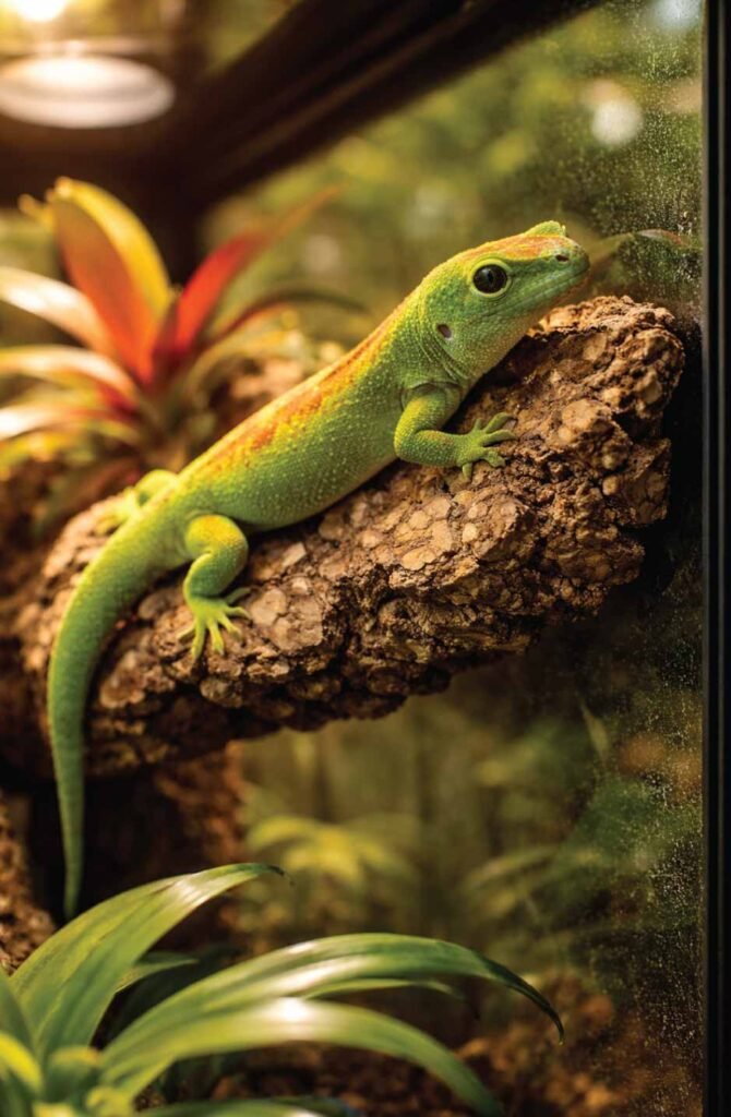 A colorful day gecko basking on a DIY magnetic cork bark ledge mounted on the inside of a glass vivarium wall.