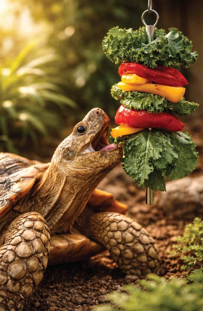 A sulcata tortoise stretching up to eat kale and bell peppers hanging from a DIY veggie kabob skewer.