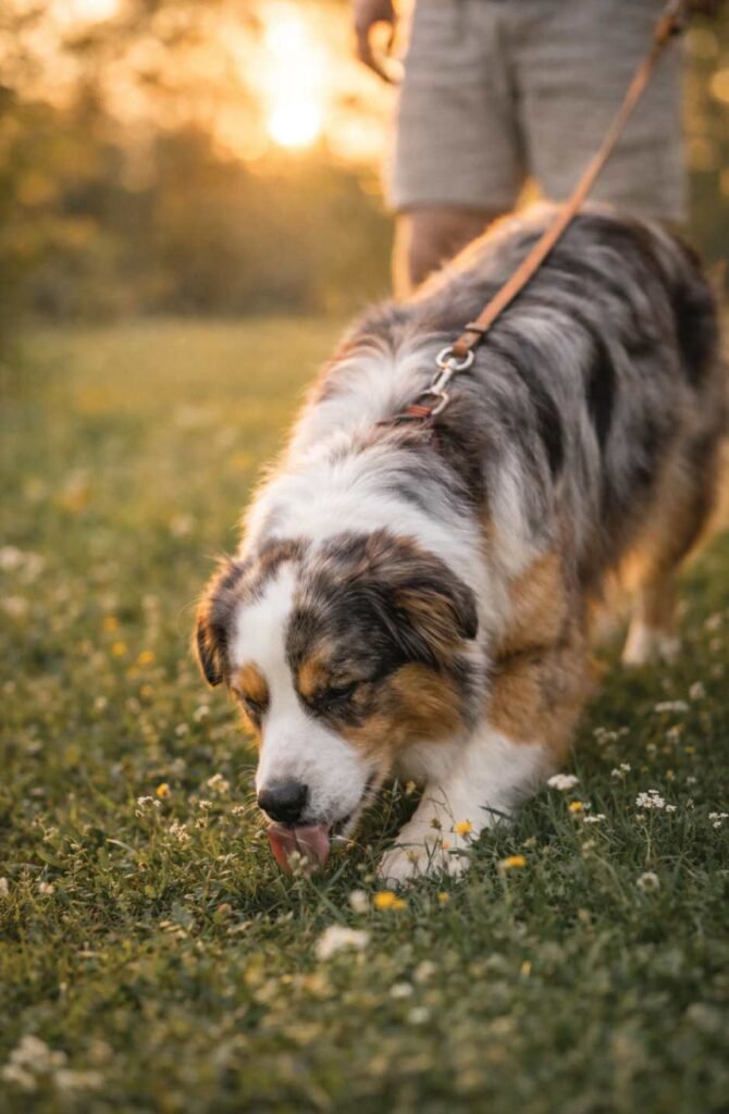 Australian shepherd on decompression walk sniffing grass - natural stress relief for anxious dogs