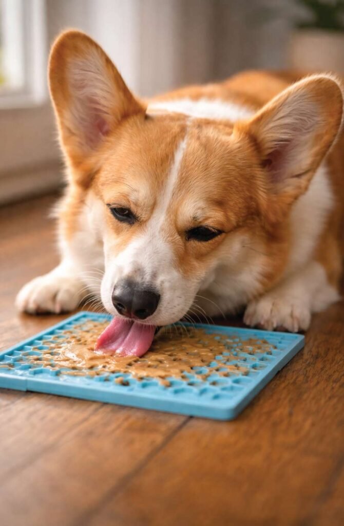 Corgi dog using lick mat with peanut butter for anxiety relief and mental stimulation
