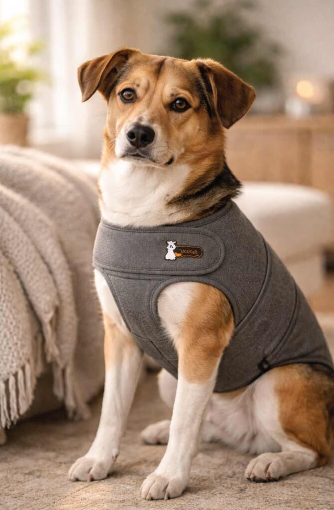 Dog wearing Thundershirt anxiety wrap showing calm behavior during stress relief therapy
