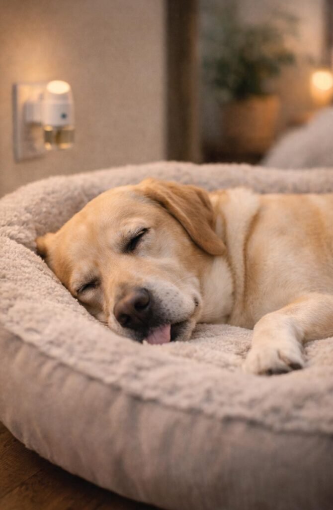 Labrador dog sleeping peacefully near pheromone diffuser in calm home environment