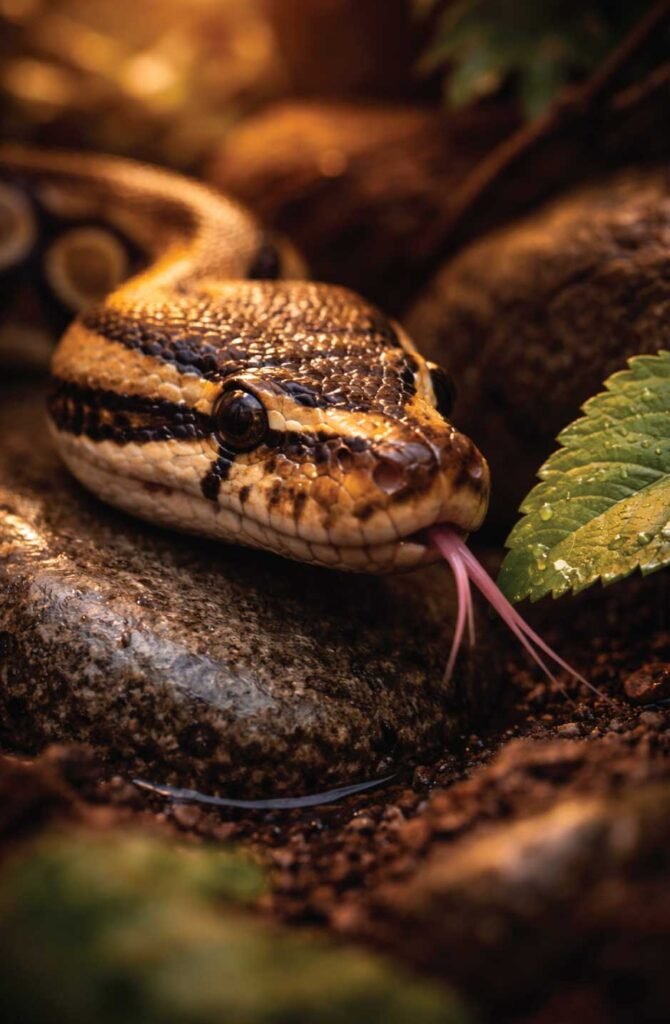A ball python flicking its tongue to investigate a fresh hibiscus leaf placed on a rock as a scent enrichment activity.