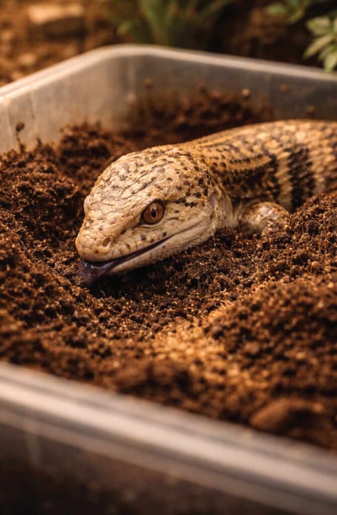 A blue-tongue skink digging in a DIY soil and sand substrate dig box inside a naturalistic terrarium.