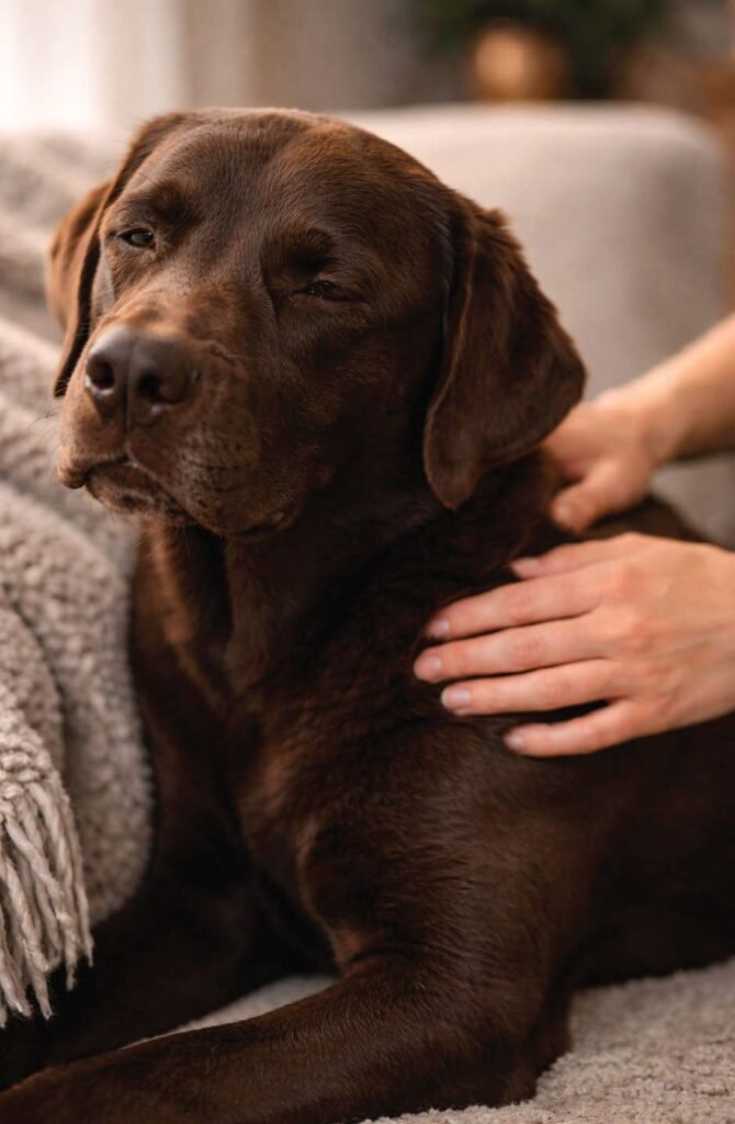 Owner performing TTouch massage on chocolate labrador for anxiety relief and bonding