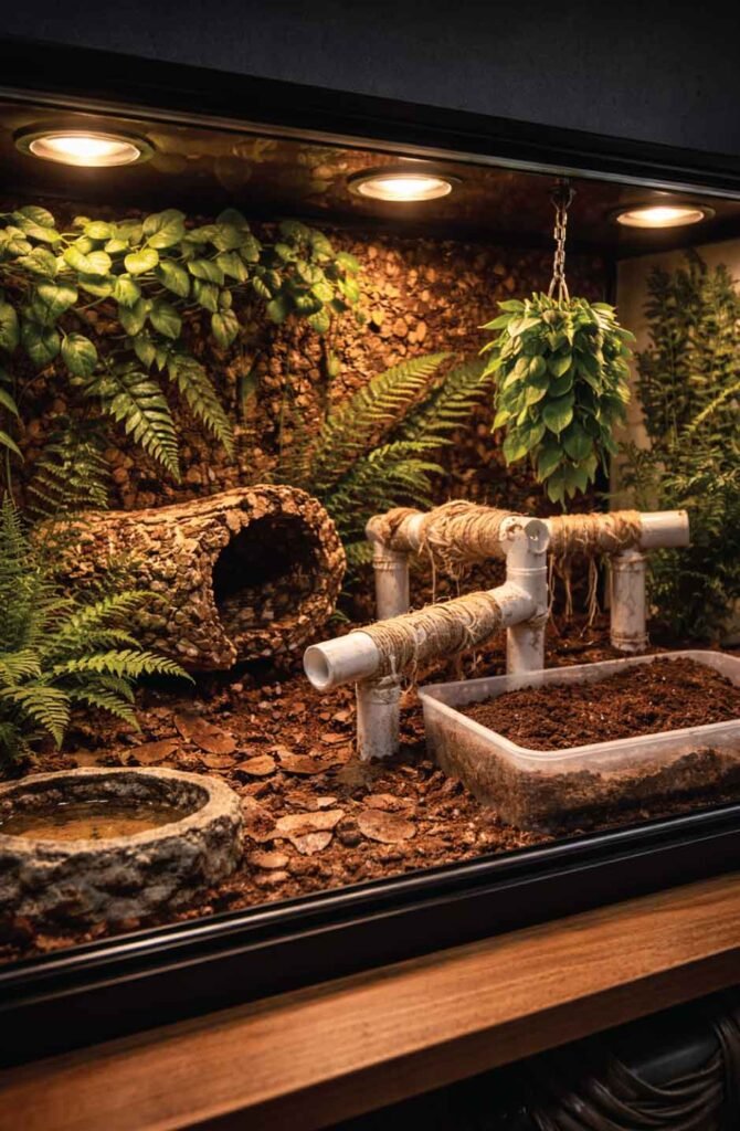 A beautifully organized reptile vivarium featuring DIY enrichment items including a PVC climbing gym, cork bark hide, dig box, and hanging greens.