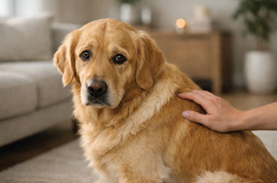 Anxious golden retriever receiving comfort from owner in modern living room - natural remedies for dog anxiety