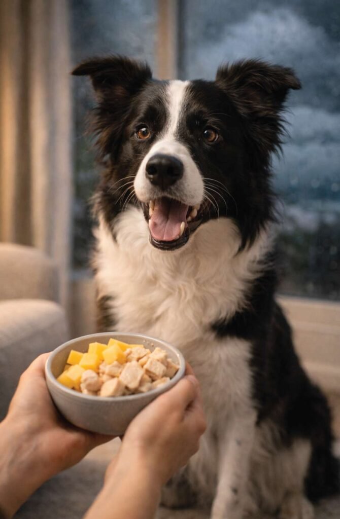 Border collie receiving treats during storm party - positive reinforcement training for dog anxiety