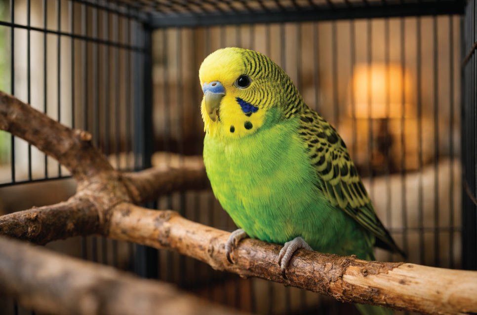 Happy budgie in properly designed rectangular bird cage with natural wood perches in safe living room environment