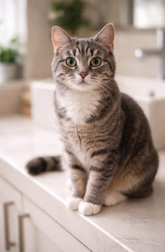 Grey cat sitting on bathroom counter demanding attention from owner