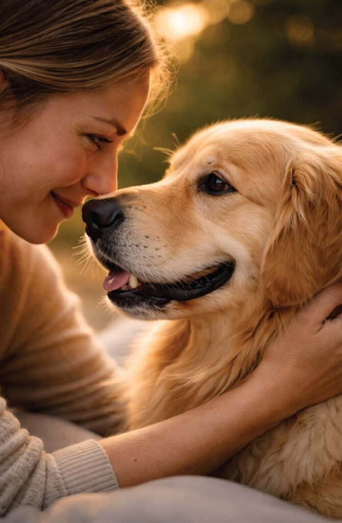 Owner and dog making eye contact showing facial recognition and bonding through oxytocin release