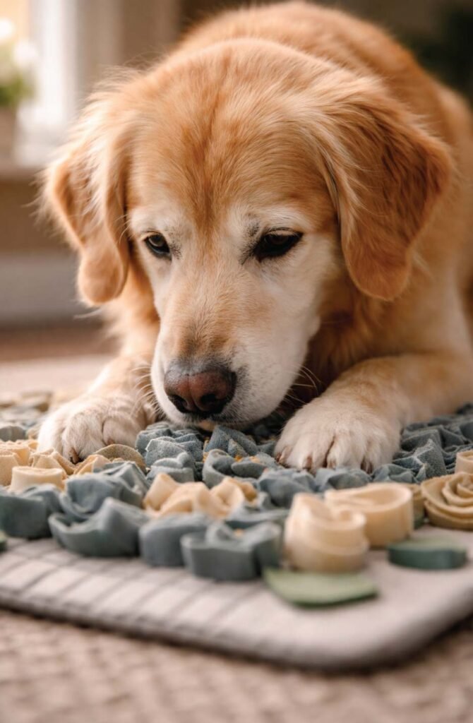 Senior dog using puzzle toy to maintain cognitive health and memory function